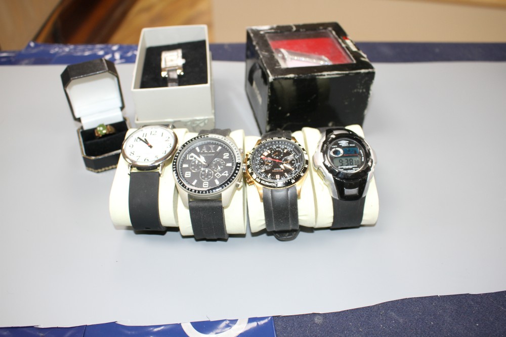 Four assorted modern gentlemans wrist watches, two ladys wrist watches and a 9ct and cabochon jade? ring, gross 4.3 grams.